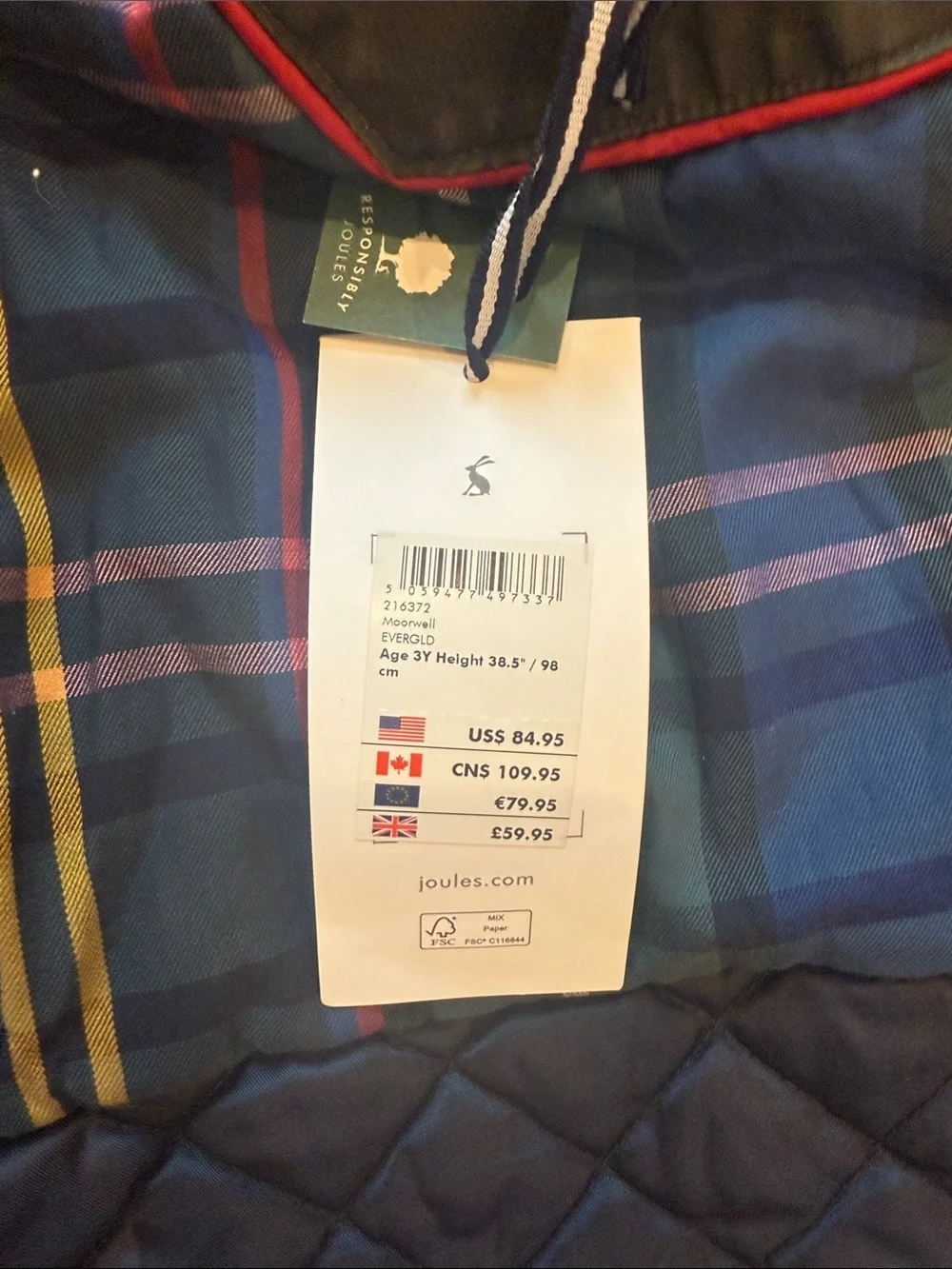 Joules Kids Dark Olive Green Quilted-Lined Puffer Jacket
